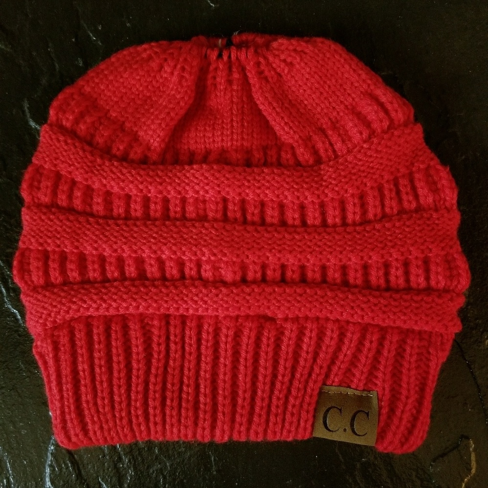 SALE! Messy Bun Ponytail Beanie Red Soft Knit Hat
